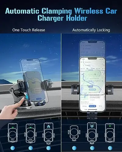 BothLin 3-in-1 Wireless Car Charger Mount, 15W Fast Charging Auto-Clamping Phone Holder for iPhone 17 16 15 14, Samsung Galaxy S24 S23, Dashboard, Vent & Windshield Car Mount(Deep Blue) - 6