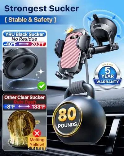 YRU [True Upgrade for Safety Car Phone Holder Mount [Patent & Military-Grade] Dashboard Cell Phone Holder for Car Vent Windshield Phone Stand for iPhone 17 16 15 14 13 Pro Max Truck Samsung, Pink - 2