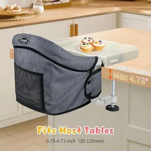 Hook On High Chair with Removable Tray for Babies 6-36 Months | Secure & Portable Foldable Travel High Chair | Clip On Baby Feeding Seat with Non-Slip Aluminum Clamp, Washable Cover & Carry Bag (Grey) - 2