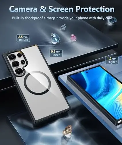 FNTCASE for Samsung Galaxy S25-Ultra Case: Clear Magnetic Military Grade Drop Protection Shockproof Anti Yellowing Cell Phone Cover - Slim Rugged Protective Bumper Transparent Cases(Black) - 5