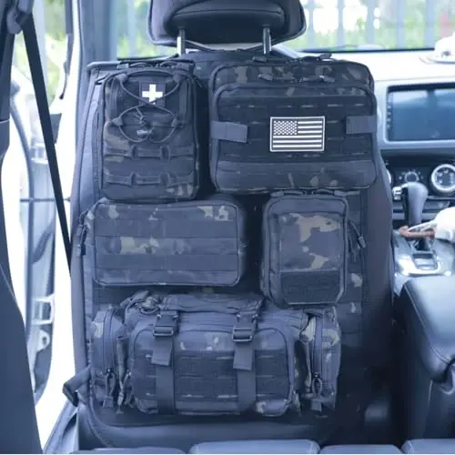 Universal Tactical Car Seat Back Organizer Bag Tactical Molle Vehicle Organizers Panel Vehicle Protector Organizers with 5 Detachable Pouches for Car Truck Ford Jeep (Upgraded C model Black camo) - BXBXHD