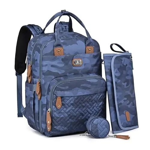 Dikaslon Diaper Bag Backpack with Portable Changing Pad, Pacifier Case and Stroller Straps, Large Unisex Baby Bags for Boys Girls, Multipurpose Travel Back Pack for Moms Dads, Camo 