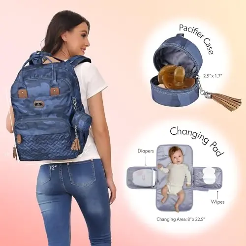 Dikaslon Diaper Bag Backpack with Portable Changing Pad, Pacifier Case and Stroller Straps, Large Unisex Baby Bags for Boys Girls, Multipurpose Travel Back Pack for Moms Dads, Camo - 2