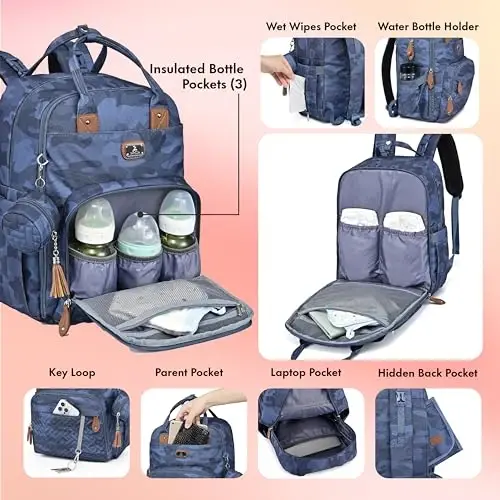 Dikaslon Diaper Bag Backpack with Portable Changing Pad, Pacifier Case and Stroller Straps, Large Unisex Baby Bags for Boys Girls, Multipurpose Travel Back Pack for Moms Dads, Camo - 4