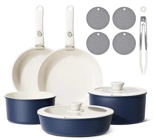 Caannasweis Detachable Nonstick Cookware Set - Stackable Induction Pots and Pans With Removable Handles, Dishwasher Safe - For RV Camping, Oven and Stovetop Use, 5 Pieces (Blue) 