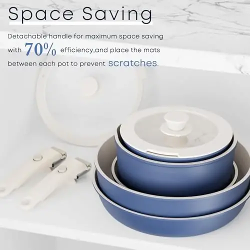 Caannasweis Detachable Nonstick Cookware Set - Stackable Induction Pots and Pans With Removable Handles, Dishwasher Safe - For RV Camping, Oven and Stovetop Use, 5 Pieces (Blue) - 5
