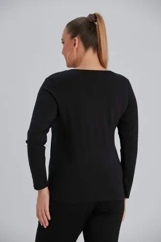 Bisiklet Yaka Uzun Kol Büyük Beden Siyah Tişört - 5