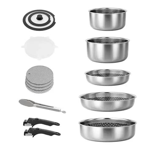 Caannasweis Detachable Nonstick Cookware Set - Stackable Induction Pots and Pans With Removable Handles, Dishwasher Safe - For RV Camping, Oven and Stovetop Use, 5 Pieces (Stainless Steel) 