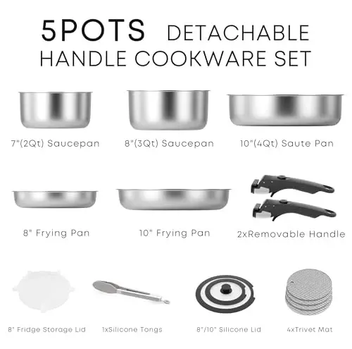 Caannasweis Detachable Nonstick Cookware Set - Stackable Induction Pots and Pans With Removable Handles, Dishwasher Safe - For RV Camping, Oven and Stovetop Use, 5 Pieces (Stainless Steel) - CAANNASWEIS (1)