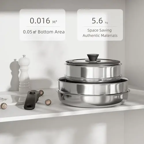 Caannasweis Detachable Nonstick Cookware Set - Stackable Induction Pots and Pans With Removable Handles, Dishwasher Safe - For RV Camping, Oven and Stovetop Use, 5 Pieces (Stainless Steel) - 3