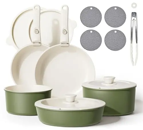 Caannasweis Detachable Nonstick Cookware Set - Stackable Induction Pots and Pans With Removable Handles, Dishwasher Safe - For RV Camping, Oven and Stovetop Use, 5 Pieces (Green) 