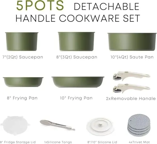 Caannasweis Detachable Nonstick Cookware Set - Stackable Induction Pots and Pans With Removable Handles, Dishwasher Safe - For RV Camping, Oven and Stovetop Use, 5 Pieces (Green) - CAANNASWEIS (1)