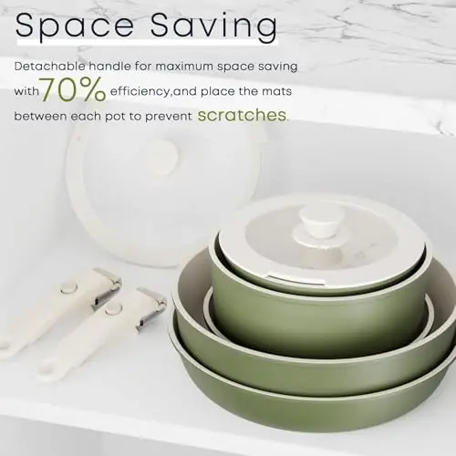 Caannasweis Detachable Nonstick Cookware Set - Stackable Induction Pots and Pans With Removable Handles, Dishwasher Safe - For RV Camping, Oven and Stovetop Use, 5 Pieces (Green) - 3