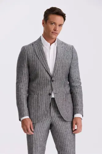 Siyah Slim Fit Kırlangıç Yaka Çift Yırtmaçlı %100 Keten Spor Takım Elbise - 1