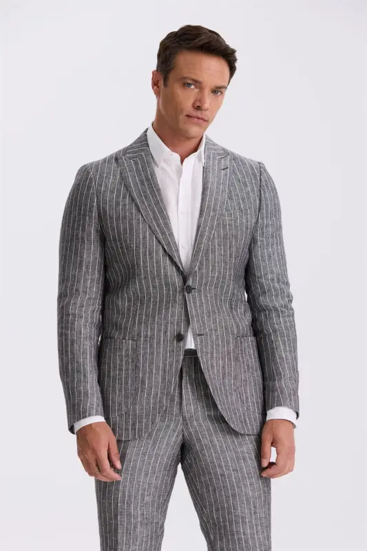 Siyah Slim Fit Kırlangıç Yaka Çift Yırtmaçlı %100 Keten Spor Takım Elbise - 1