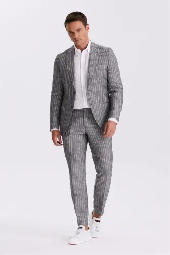 Siyah Slim Fit Kırlangıç Yaka Çift Yırtmaçlı %100 Keten Spor Takım Elbise - JAKAMEN (1)