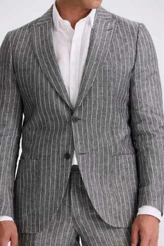 Siyah Slim Fit Kırlangıç Yaka Çift Yırtmaçlı %100 Keten Spor Takım Elbise - 3
