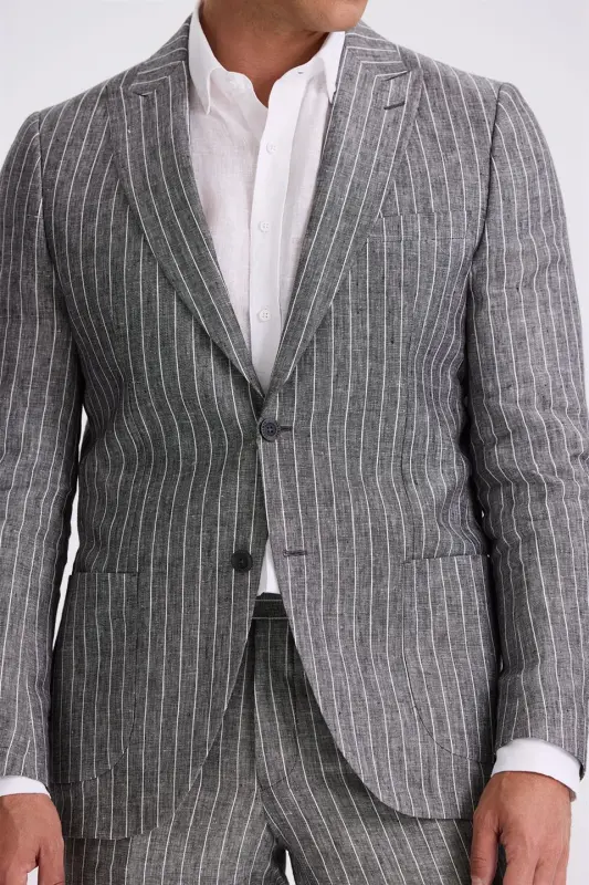 Siyah Slim Fit Kırlangıç Yaka Çift Yırtmaçlı %100 Keten Spor Takım Elbise - 3