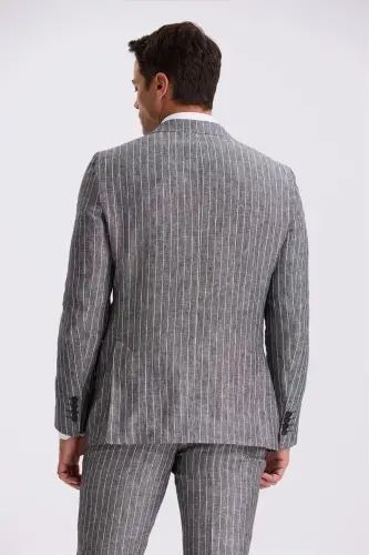 Siyah Slim Fit Kırlangıç Yaka Çift Yırtmaçlı %100 Keten Spor Takım Elbise - 4