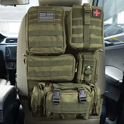 Universal Tactical Car Seat Back Organizer Bag Tactical Molle Vehicle Organizers Panel Vehicle Protector Organizers with 5 Detachable Pouches for Car Truck Ford Jeep (Army green) - 1