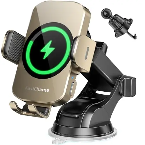 3-in-1 Wireless Car Charger Mount, 15W Fast Charging Auto-Clamping Phone Holder for iPhone 17 16 15 14, Samsung Galaxy S24 S23, Dashboard, Vent & Windshield Car Mount(Amber Yellow) 