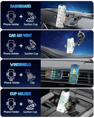 3-in-1 Wireless Car Charger Mount, 15W Fast Charging Auto-Clamping Phone Holder for iPhone 17 16 15 14, Samsung Galaxy S24 S23, Dashboard, Vent & Windshield Car Mount(Amber Yellow) - 3