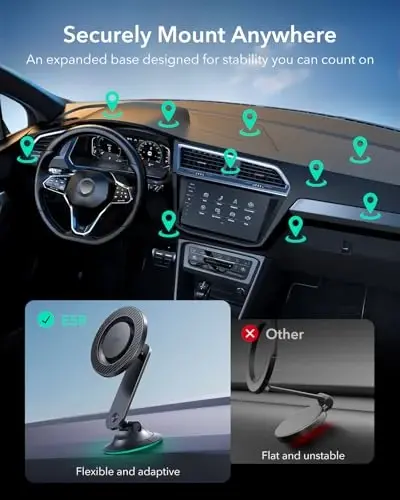 ESR for MagSafe Car Mount, Upgraded Dashboard Magnetic Phone Holder for Car, 360° Rotation, Car Phone Holder Mount for iPhone 17/16/16e/15/14/13/12, S25, Pixel 10, Strong Magnets(with 2 Metal Rings) - ESR (1)
