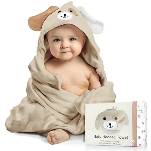 FOREVERPURE Baby Hooded Towel, Soft & Absorbent Viscose Derived from Bamboo, Extra Large 35 x 35 Inches, Bath Towel for Newborns, Infants & Toddlers, Beige 