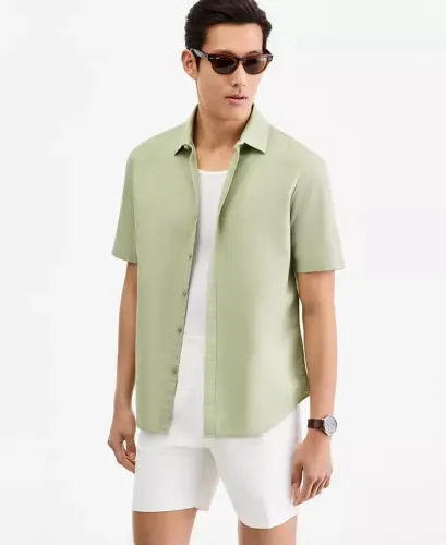 Men's Short-Sleeve Solid Textured Shirt, Created for Modazone - Fig Leaf - 2