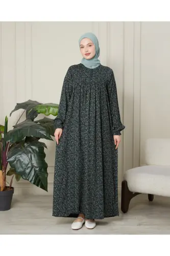 Büzgü Robadan Önü Düğmeli Viskon Kumaş Tessetür Giyim Anne Elbisesi Namaz Elbisesi - Haki Kalın Şal Desen 