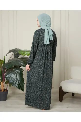 Büzgü Robadan Önü Düğmeli Viskon Kumaş Tessetür Giyim Anne Elbisesi Namaz Elbisesi - Haki Kalın Şal Desen - 8