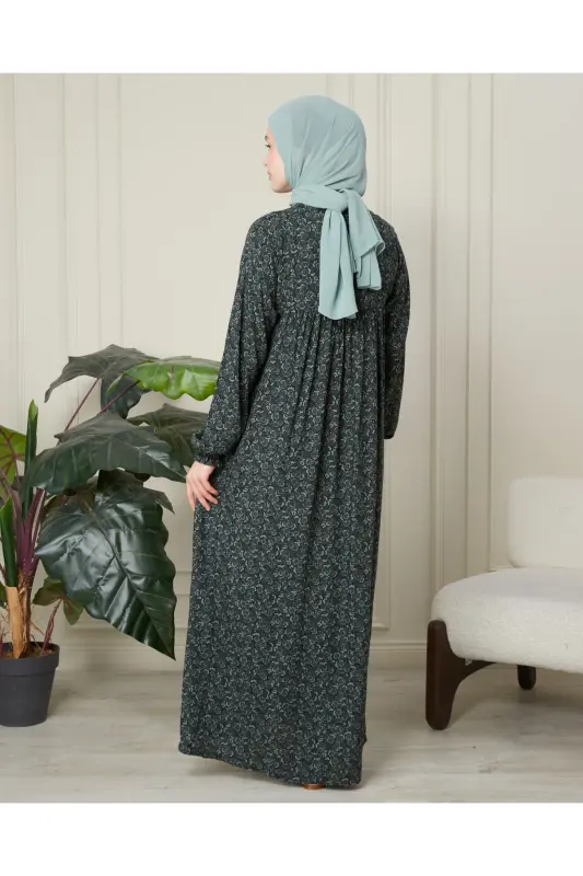Büzgü Robadan Önü Düğmeli Viskon Kumaş Tessetür Giyim Anne Elbisesi Namaz Elbisesi - Haki Kalın Şal Desen - 8