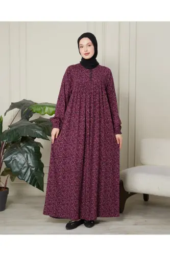 Büzgü Robadan Önü Düğmeli Viskon Kumaş Tessetür Giyim Anne Elbisesi Namaz Elbisesi - Pembe Kalın Şal Desen 