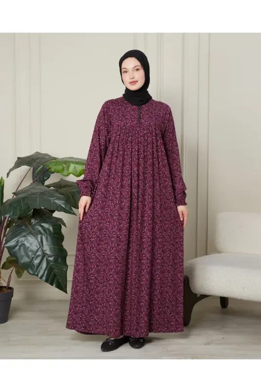 Büzgü Robadan Önü Düğmeli Viskon Kumaş Tessetür Giyim Anne Elbisesi Namaz Elbisesi - Pembe Kalın Şal Desen - 1
