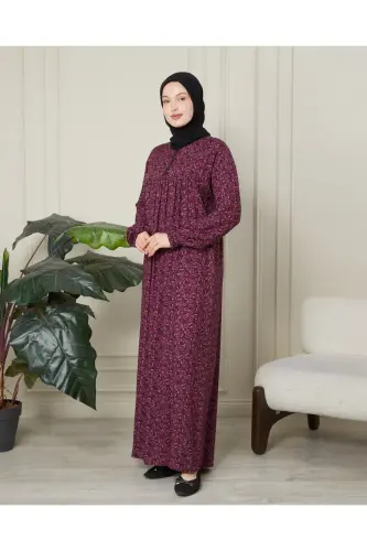 Büzgü Robadan Önü Düğmeli Viskon Kumaş Tessetür Giyim Anne Elbisesi Namaz Elbisesi - Pembe Kalın Şal Desen - 3