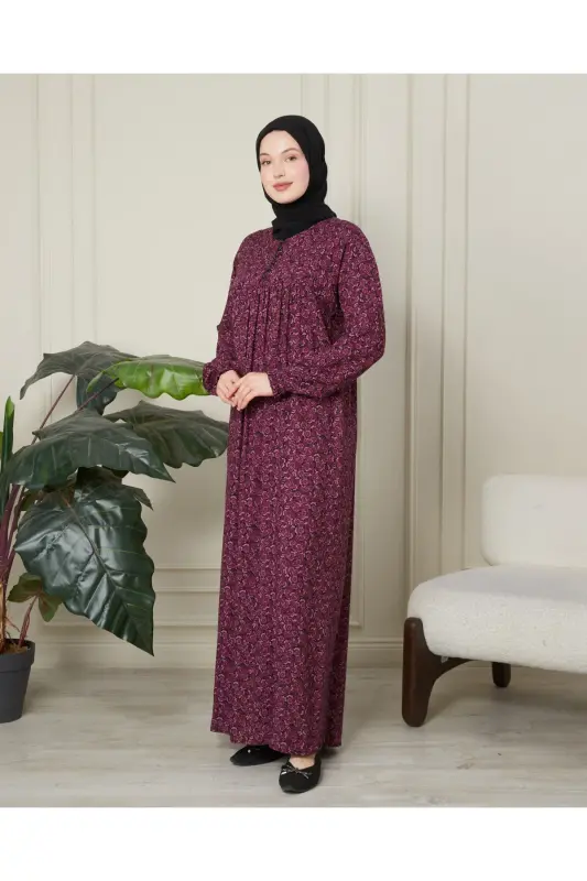 Büzgü Robadan Önü Düğmeli Viskon Kumaş Tessetür Giyim Anne Elbisesi Namaz Elbisesi - Pembe Kalın Şal Desen - 3