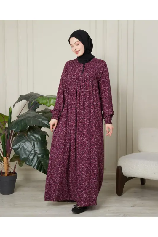 Büzgü Robadan Önü Düğmeli Viskon Kumaş Tessetür Giyim Anne Elbisesi Namaz Elbisesi - Pembe Kalın Şal Desen - 4