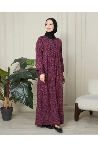 Büzgü Robadan Önü Düğmeli Viskon Kumaş Tessetür Giyim Anne Elbisesi Namaz Elbisesi - Pembe Kalın Şal Desen - 5