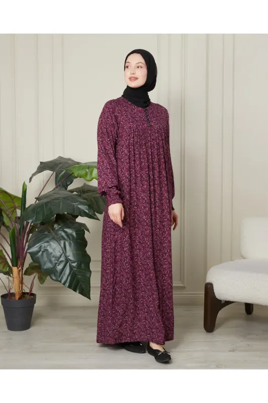 Büzgü Robadan Önü Düğmeli Viskon Kumaş Tessetür Giyim Anne Elbisesi Namaz Elbisesi - Pembe Kalın Şal Desen - 5