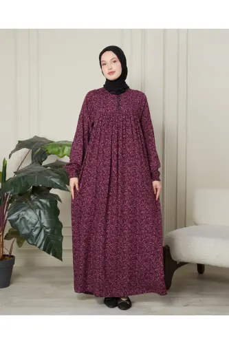 Büzgü Robadan Önü Düğmeli Viskon Kumaş Tessetür Giyim Anne Elbisesi Namaz Elbisesi - Pembe Kalın Şal Desen - 6