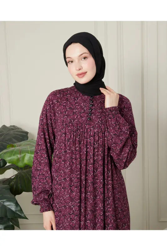 Büzgü Robadan Önü Düğmeli Viskon Kumaş Tessetür Giyim Anne Elbisesi Namaz Elbisesi - Pembe Kalın Şal Desen - 7