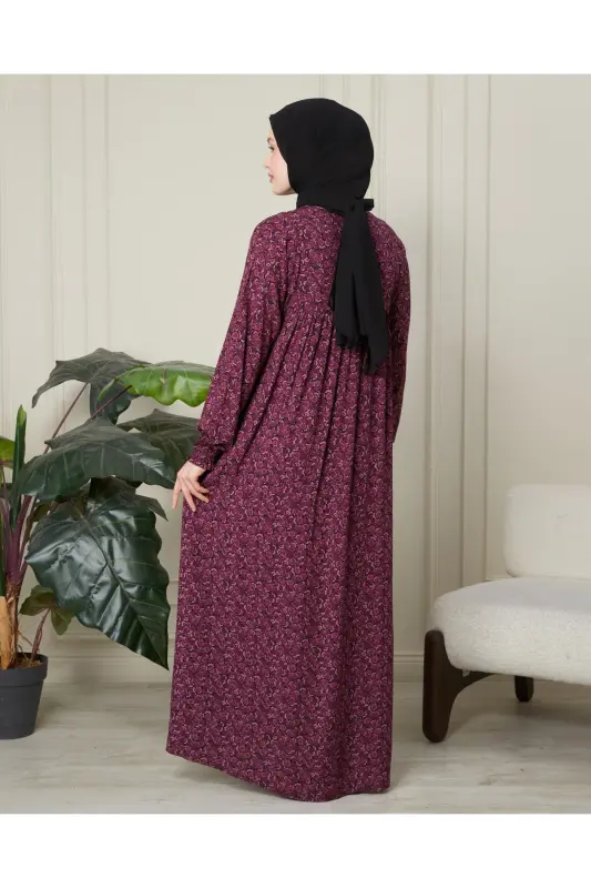 Büzgü Robadan Önü Düğmeli Viskon Kumaş Tessetür Giyim Anne Elbisesi Namaz Elbisesi - Pembe Kalın Şal Desen - 8