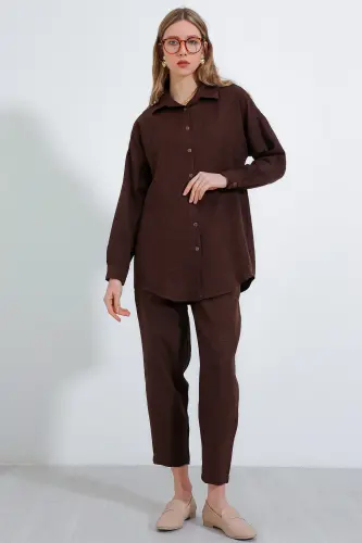 Kadın Kahverengi Oversize Keten Alt Üst Takım 6622 - Kahverengi - 3