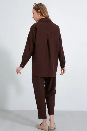 Kadın Kahverengi Oversize Keten Alt Üst Takım 6622 - Kahverengi - 5