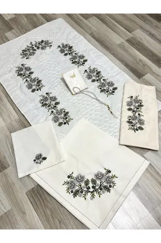6 Parça Etamin İşlemeli Kutulu Seccade Takımı Çeyizlik Bohçalık Gelin Damat Seccade Seti - Gri - AYHANHOME (1)