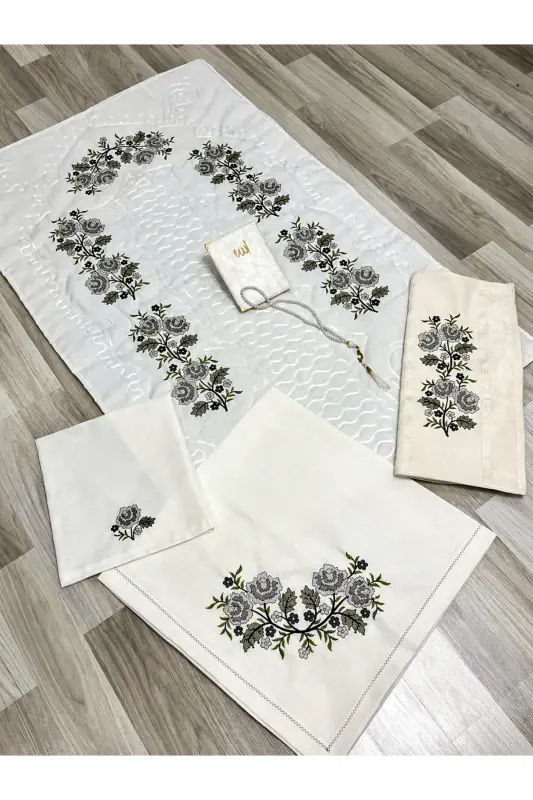 6 Parça Etamin İşlemeli Kutulu Seccade Takımı Çeyizlik Bohçalık Gelin Damat Seccade Seti - Gri - 2
