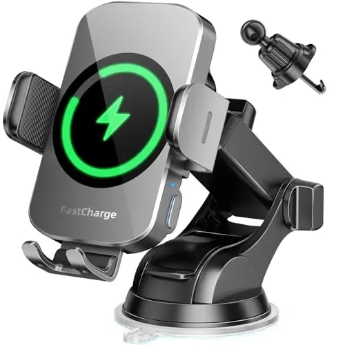 3-in-1 Wireless Car Charger Mount, 15W Fast Charging Auto-Clamping Phone Holder for iPhone 17 16 15 14, Samsung Galaxy S24 S23, Dashboard, Vent & Windshield Car Mount(Space Grey) - 1