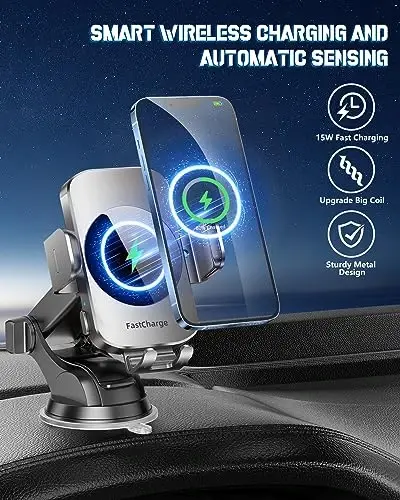 3-in-1 Wireless Car Charger Mount, 15W Fast Charging Auto-Clamping Phone Holder for iPhone 17 16 15 14, Samsung Galaxy S24 S23, Dashboard, Vent & Windshield Car Mount(Space Grey) - BOTHLIN (1)