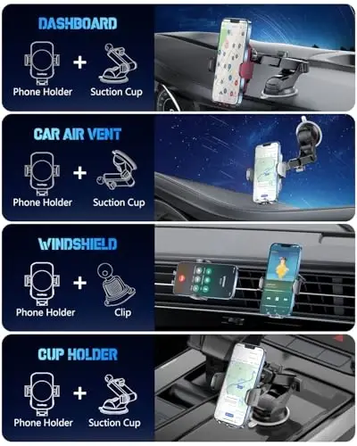 3-in-1 Wireless Car Charger Mount, 15W Fast Charging Auto-Clamping Phone Holder for iPhone 17 16 15 14, Samsung Galaxy S24 S23, Dashboard, Vent & Windshield Car Mount(Space Grey) - 3