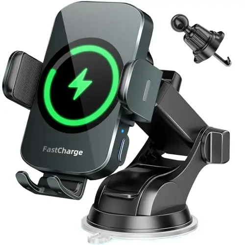 3-in-1 Wireless Car Charger Mount, 15W Fast Charging Auto-Clamping Phone Holder for iPhone 17 16 15 14, Samsung Galaxy S24 S23, Dashboard, Vent & Windshield Car Mount(Forest Green) 